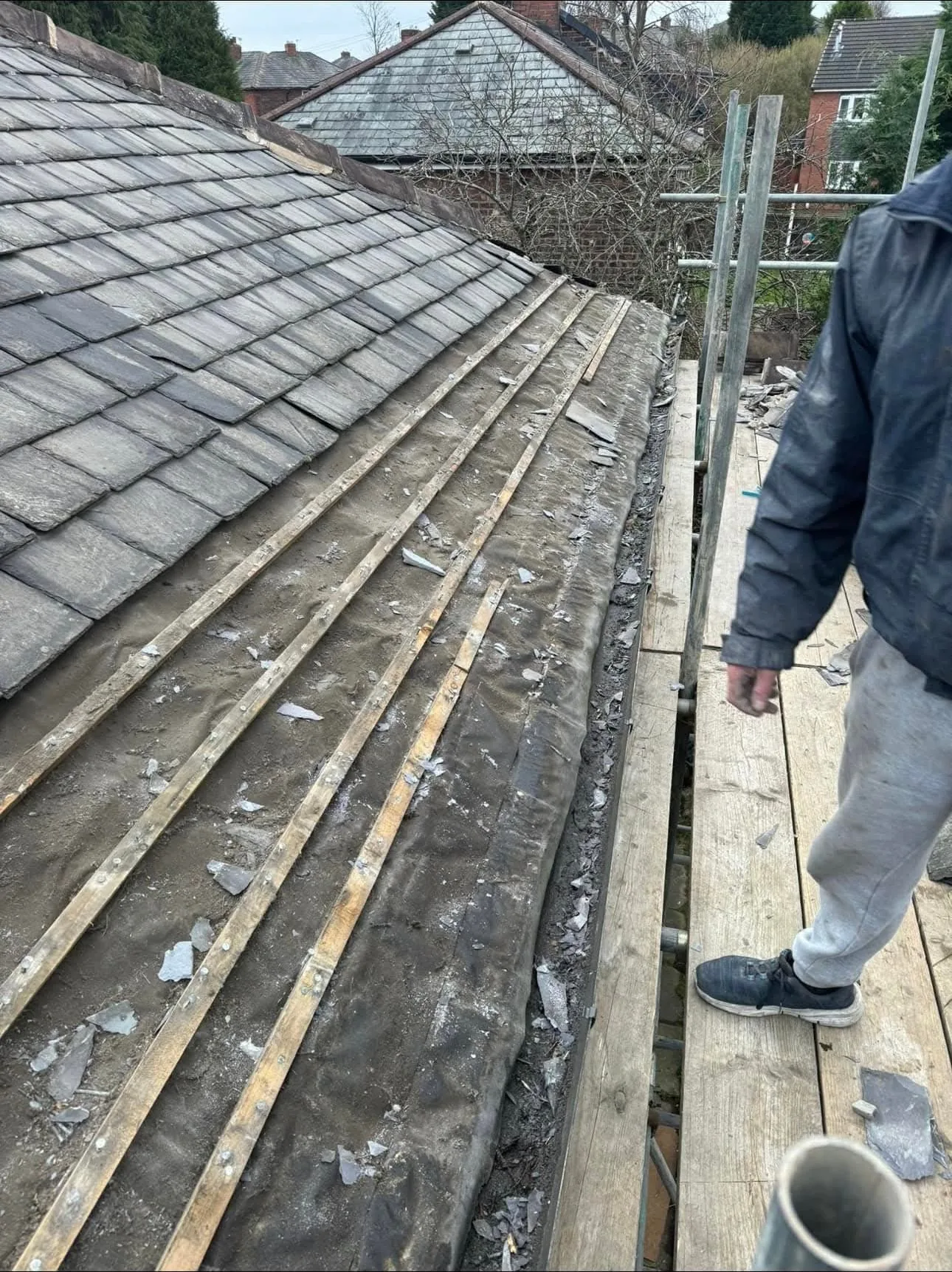 Full roof replacement in progress with new underlay and battens