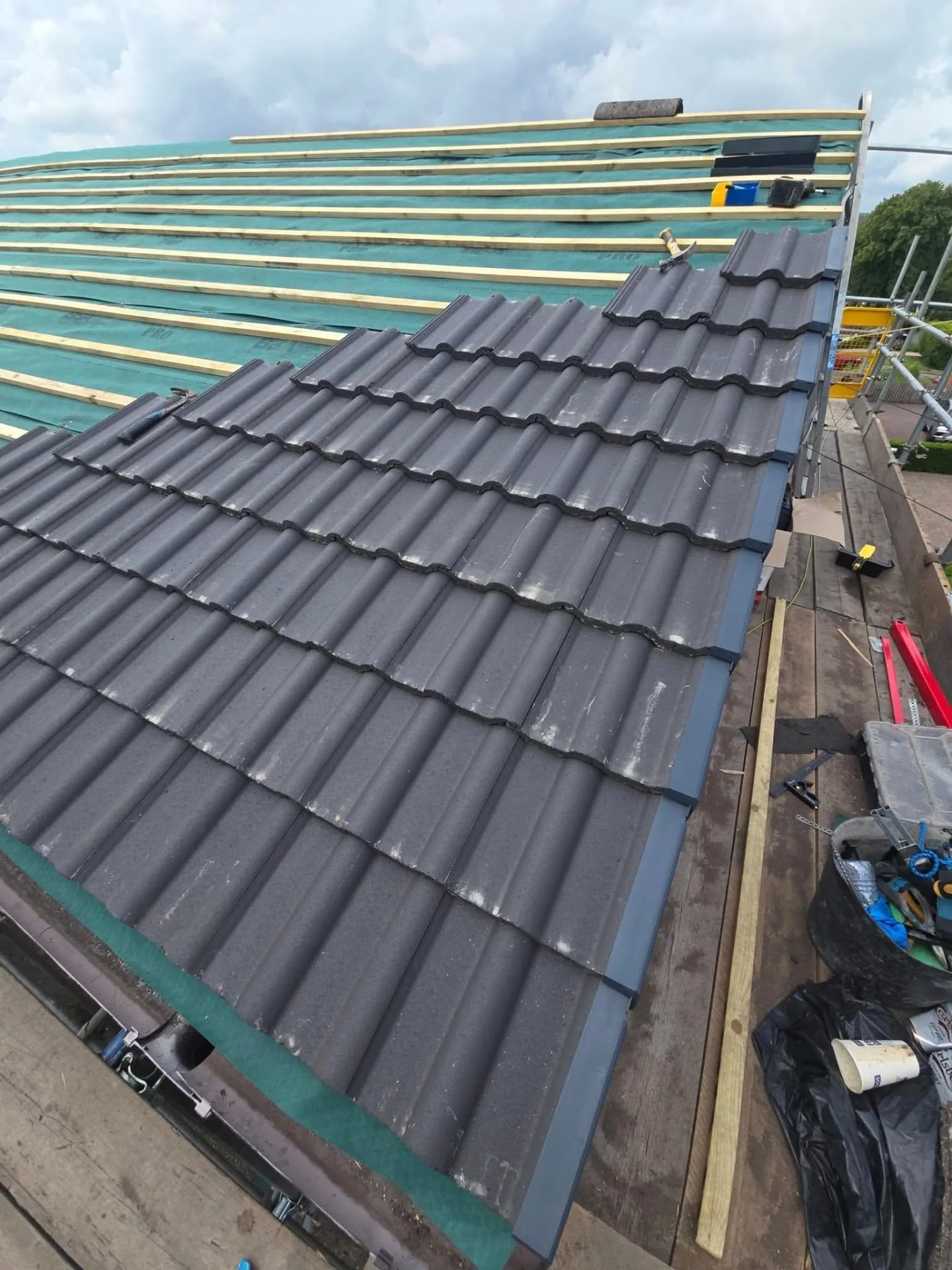 Full roof replacement in progress with new underlay and battens
