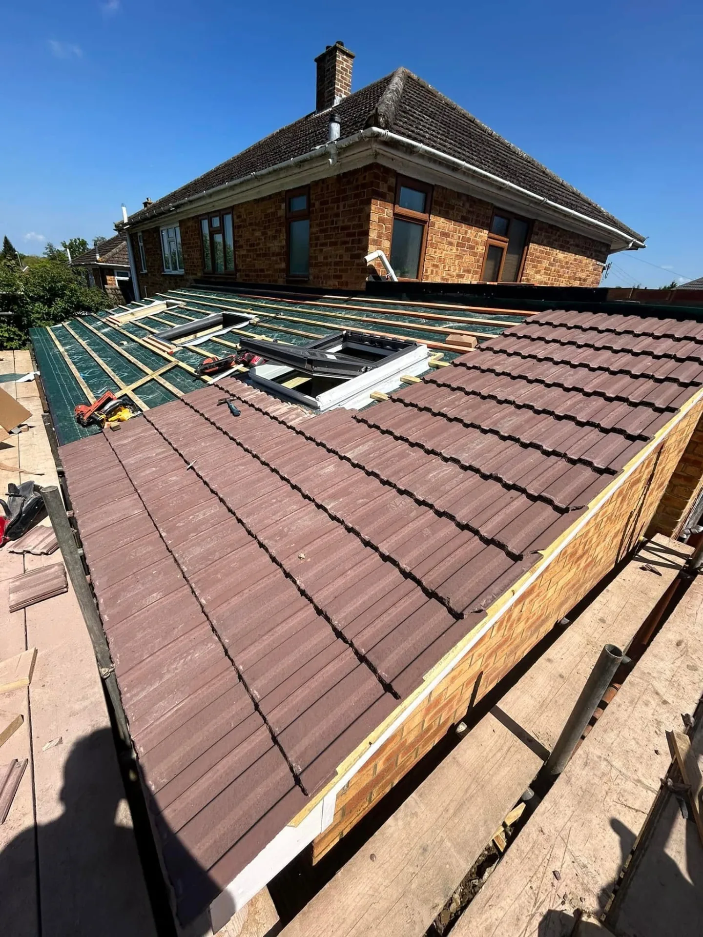 Full roof replacement in progress with new underlay and battens