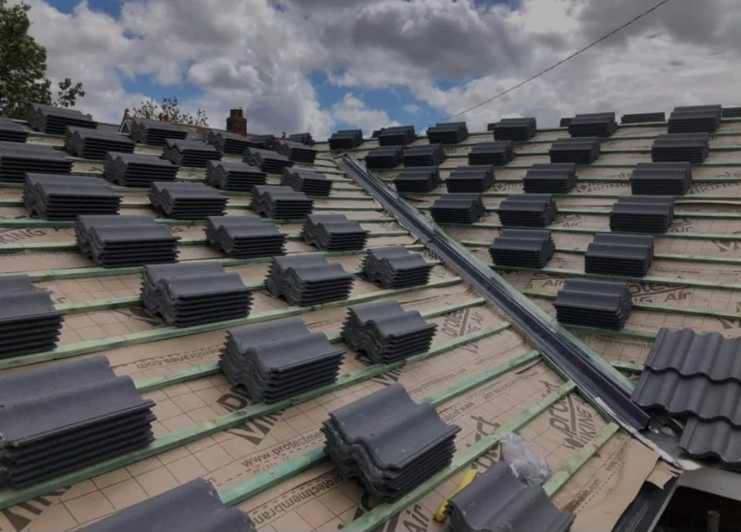 Full roof replacement in progress with new underlay and battens