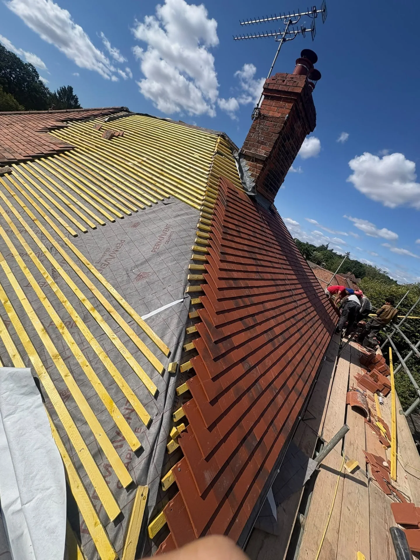 Full roof replacement in progress with new underlay and battens