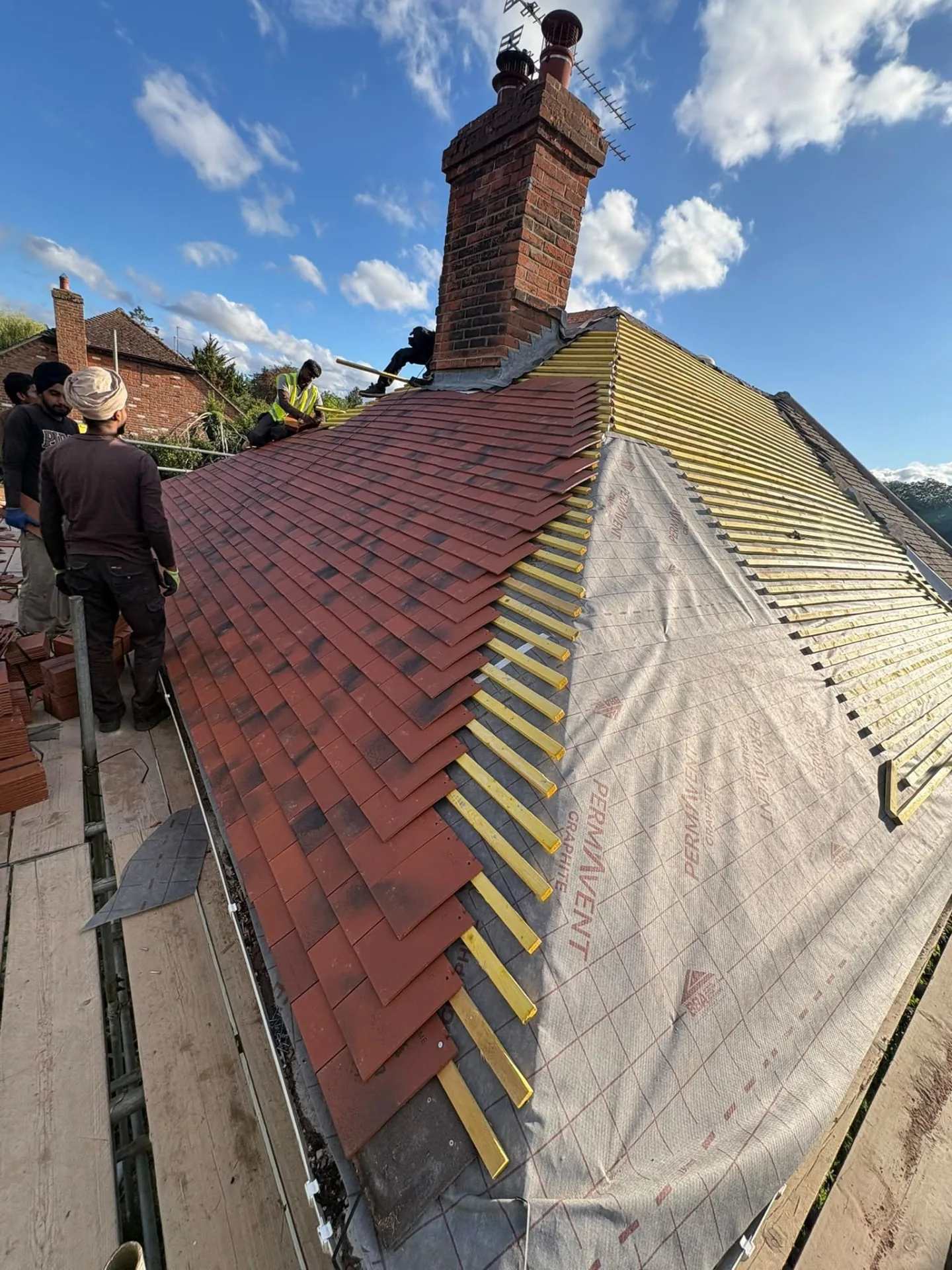 Full roof replacement in progress with new underlay and battens