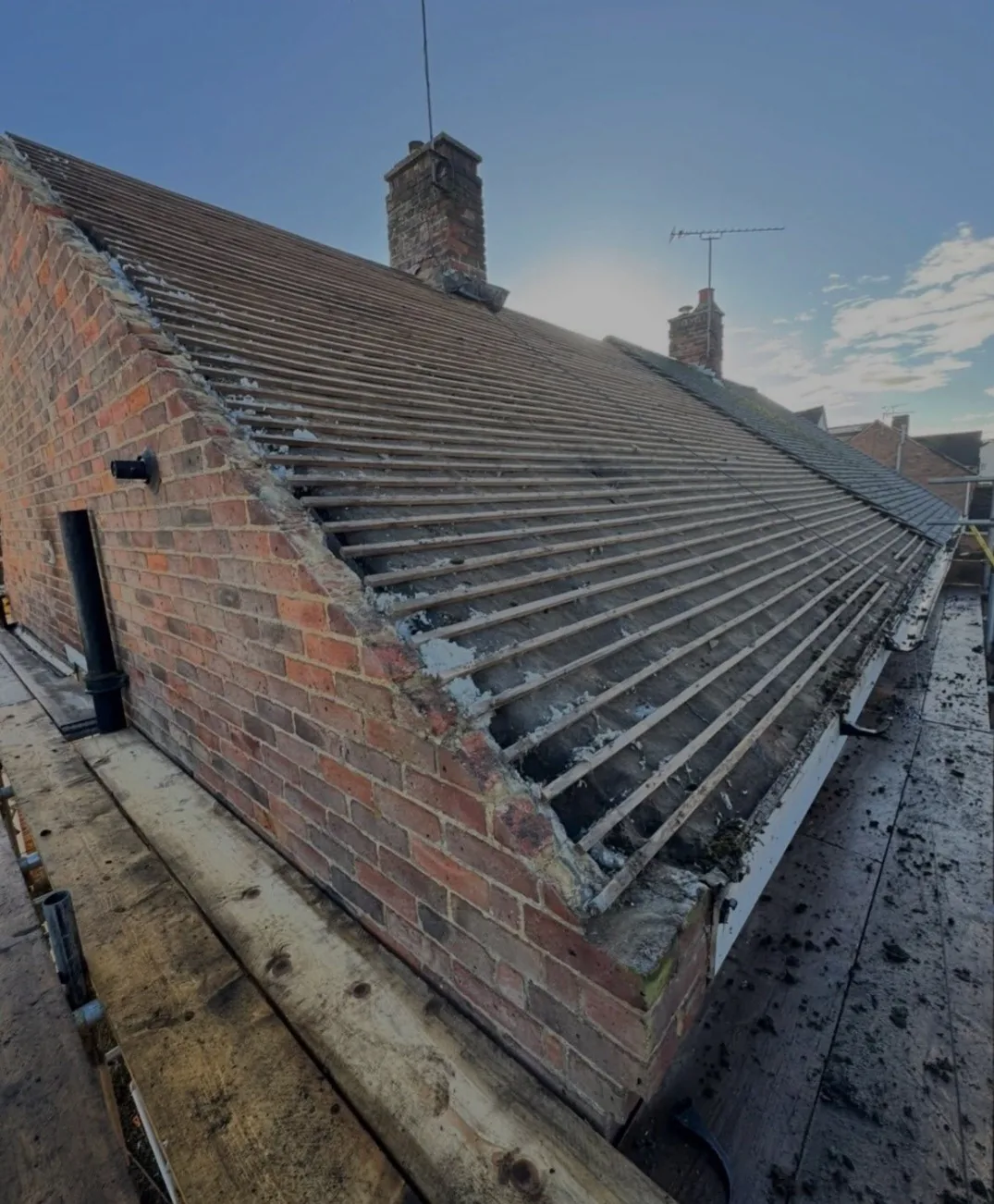 Full roof replacement in progress with new underlay and battens
